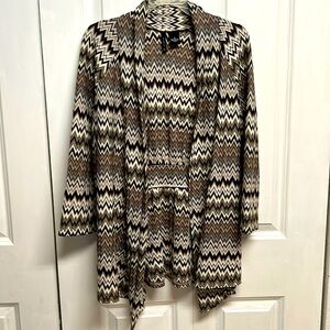 New Directions Multi Color Zig Zag Print Woven Mid Sleeve Open Long Cardigan M
